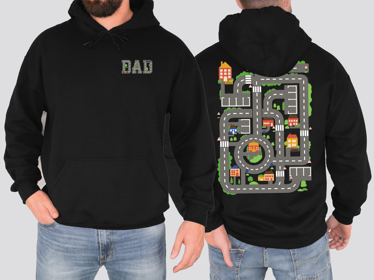 Dad&#39;s Car Track Hoodie, Front And Back Print, Cars On Daddy&#39;s Back, Funny Father&#39;s Day Gift, Racing Dad, Mechanic Dad, Back Massage Jumper