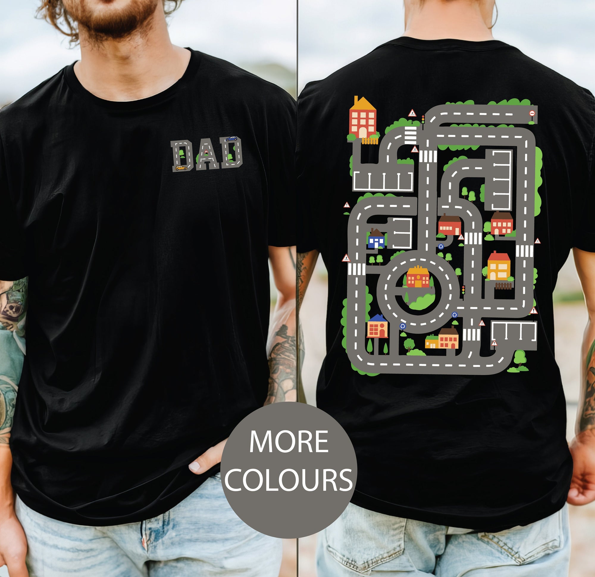 Dad's Car Track T-Shirt, Front And Back Print, Cars On Daddy's Back, Funny Father's Day Gift, Racing Dad, Mechanic Dad, Back Massage TShirt