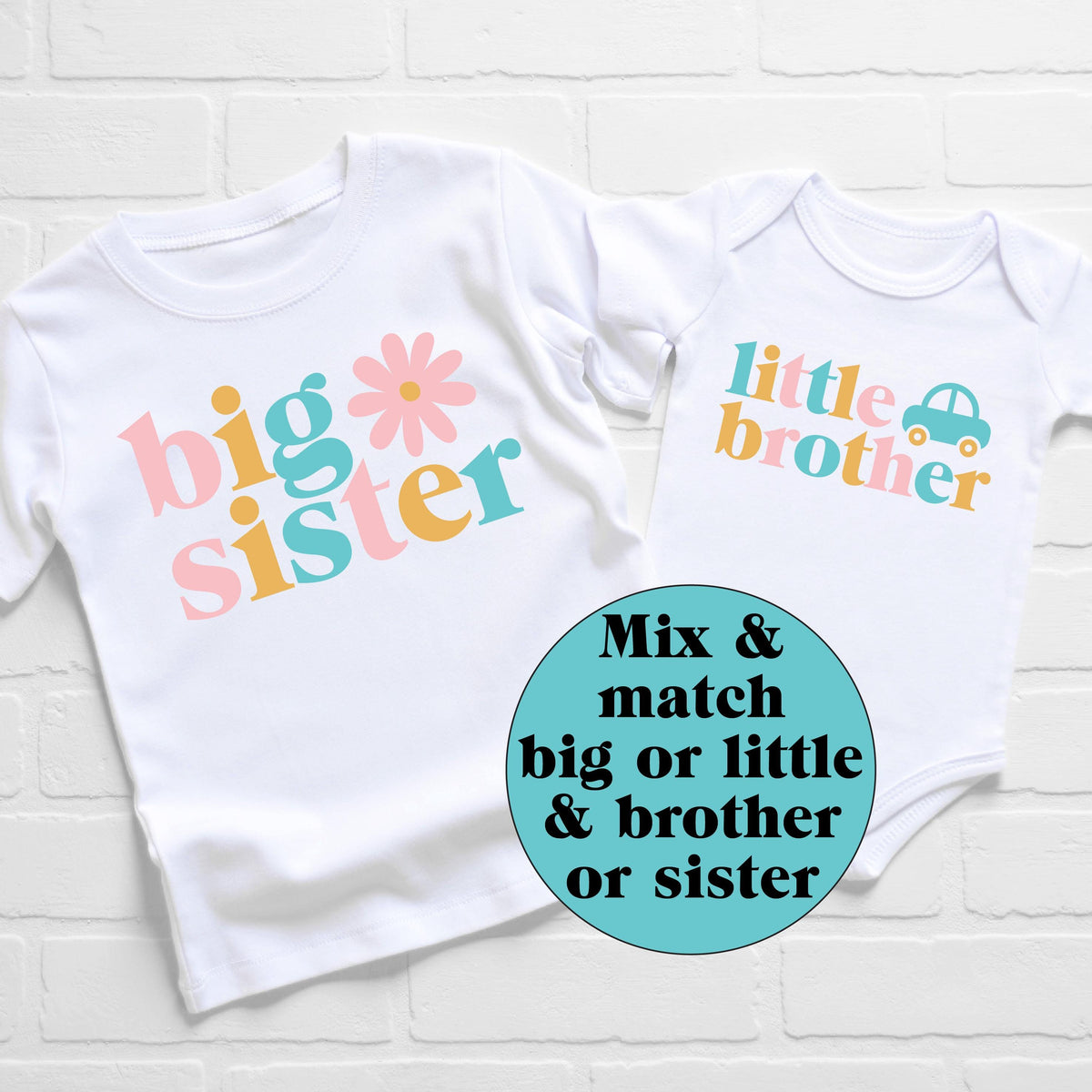 4 shirt authentic set Big Sister, Bigger Sister, Biggest Sister, Baby Sister 4 T-Shirt Sibling Set with Pink and Black Lettering Tees