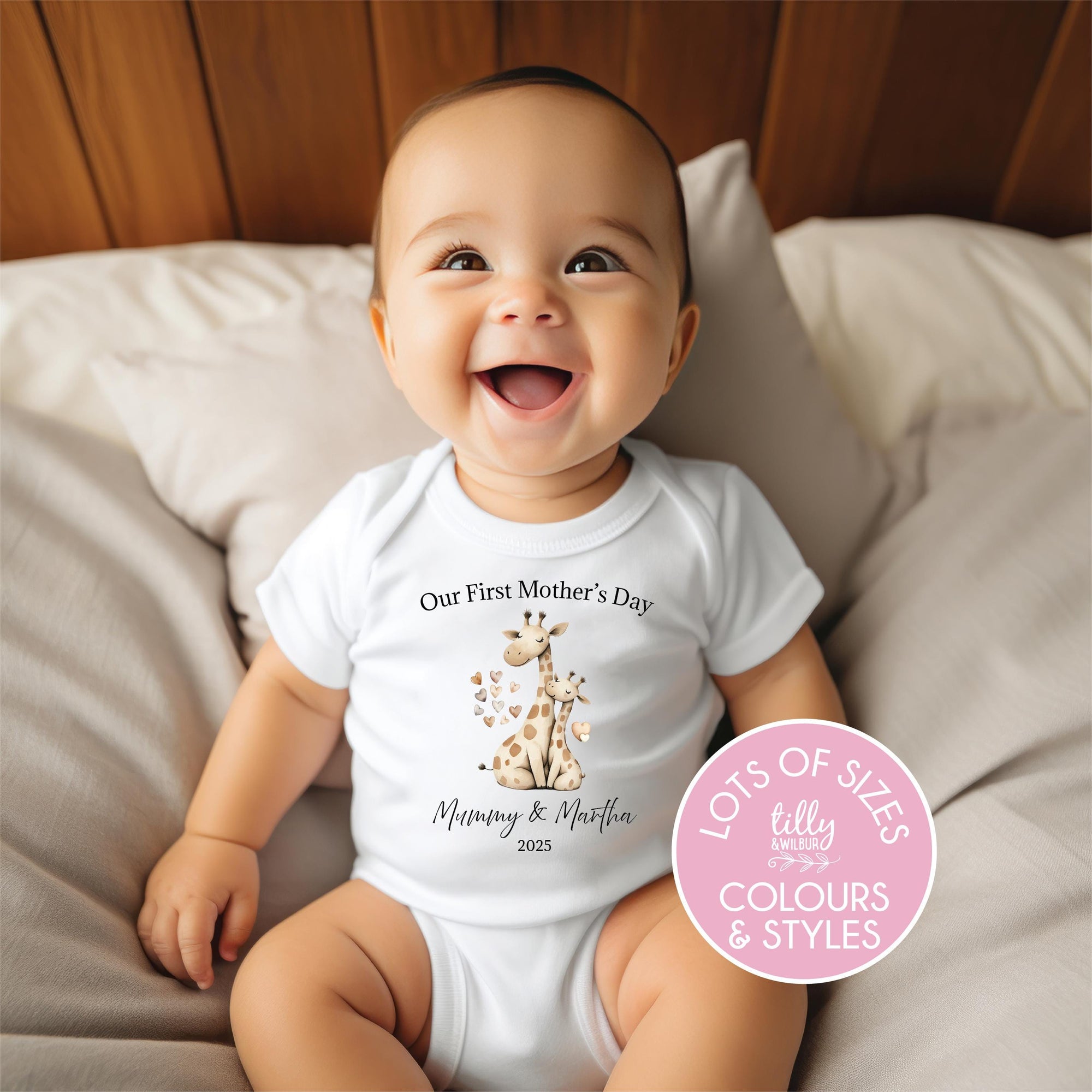 Personalised Our First Mother's Day Bodysuit, 1st Mother's Day Baby Gift, Giraffe Mother And Calf, Custom First Mother's Day Baby Outfit