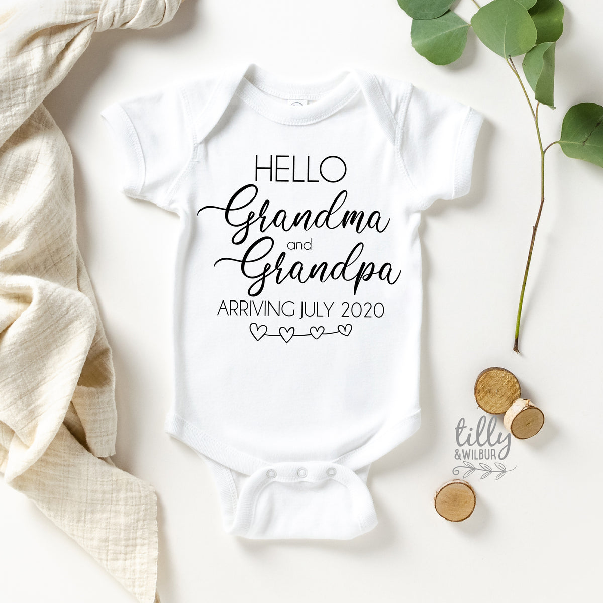 Hello Grandma &amp; Grandpa Bodysuit With Personalised Arrival Date