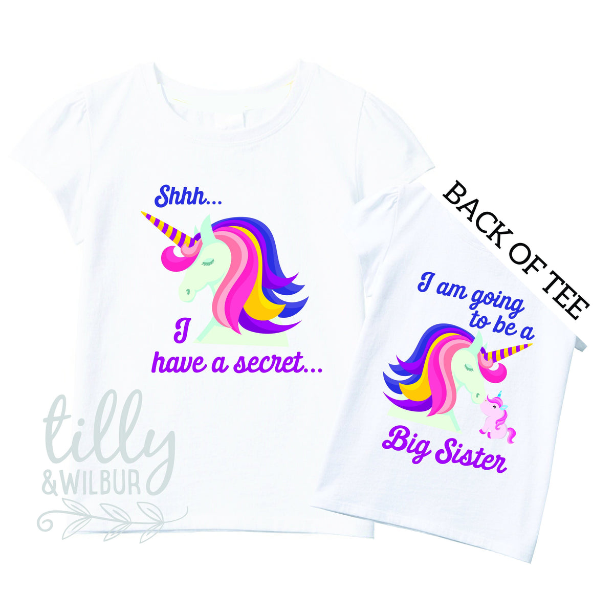 Shhh I Have A Secret I&#39;m Going To Be A Big Sister TShirt for Girls, Unicorn Design, Big Sister Shirt, Pregnancy Announcement, G-W-SS-T