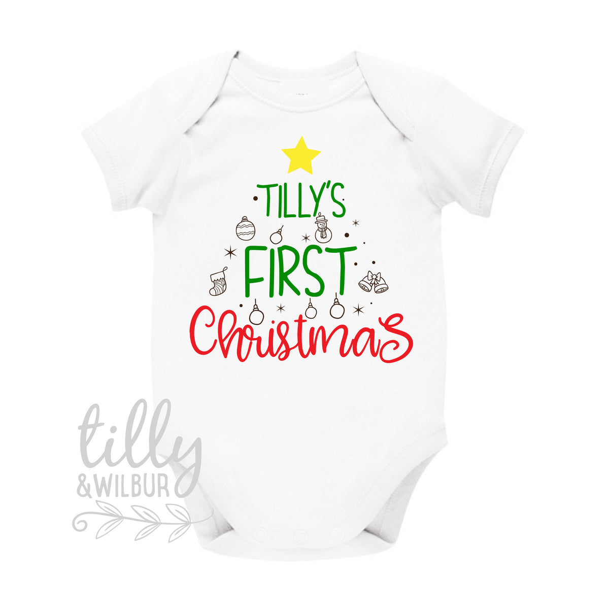 Personalised 1st Christmas Outfit With Baby&#39;s Name, First Xmas Baby Bodysuit, Unisex Baby Clothes, Personalised New Baby&#39;s First Christmas