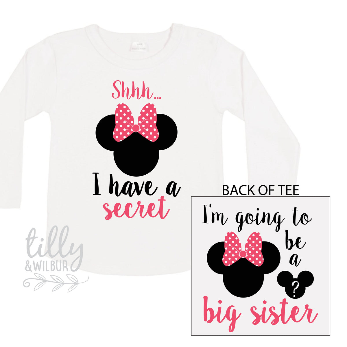 Shhh I Have A Secret I&amp;#39;m Going To Be A Big Sister Long Sleeve Tee for Girls, Minnie Mouse, Big Sister Shirt, Pregnancy Announcement T-Shirt