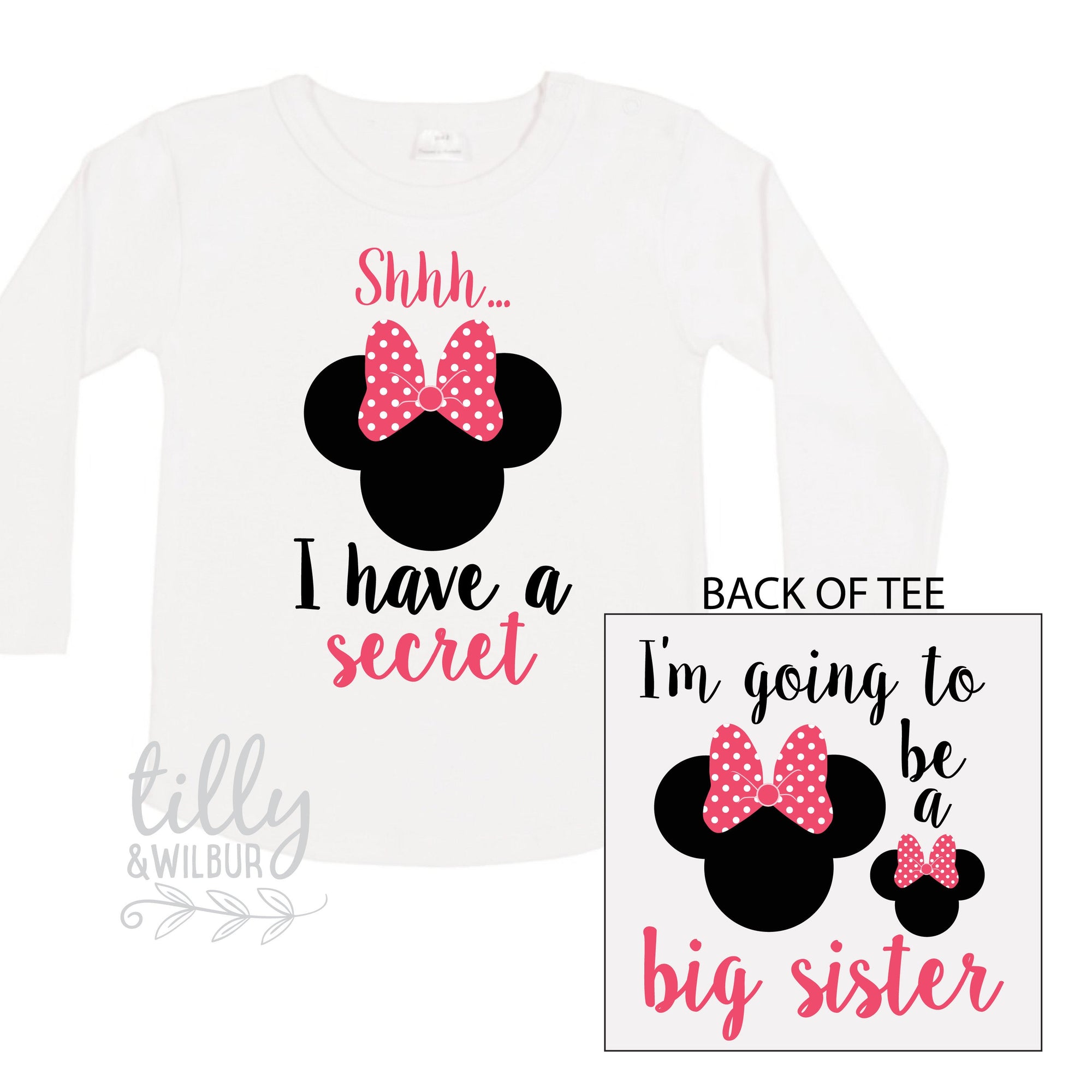 Shhh I Have A Secret I&#39;m Going To Be A Big Sister Long Sleeve Tee for Girls, Minnie Mouse, Big Sister Shirt, Pregnancy Announcement T-Shirt