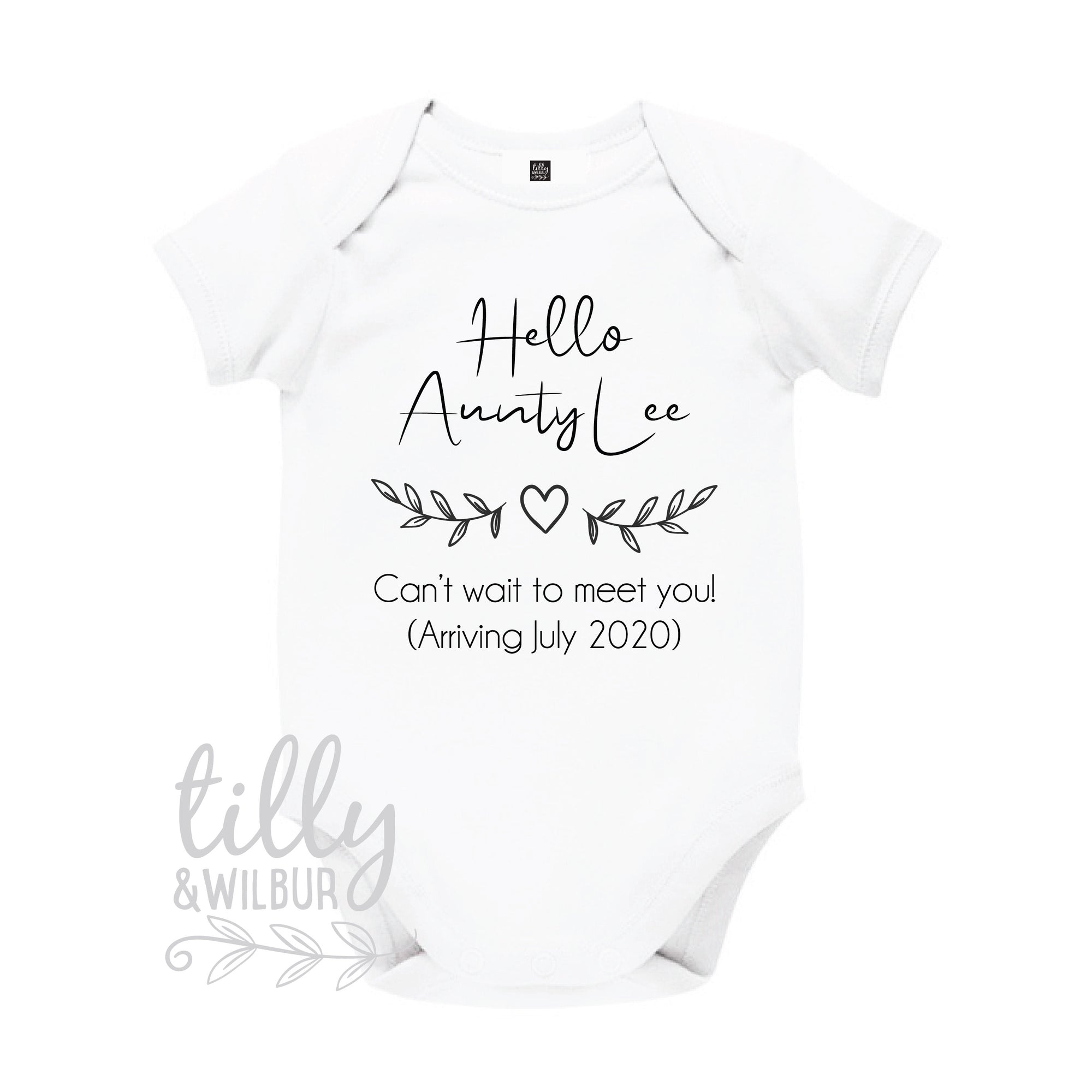 Hello Aunty Baby Bodysuit, Personalised Pregnancy Announcement With Name & Arrival Date, Sister Aunt Auntie Announcement, Niece Nephew Gift