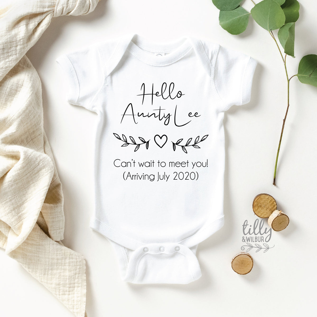 Hello Aunty Baby Bodysuit, Personalised Pregnancy Announcement With Name &amp; Arrival Date, Sister Aunt Auntie Announcement, Niece Nephew Gift