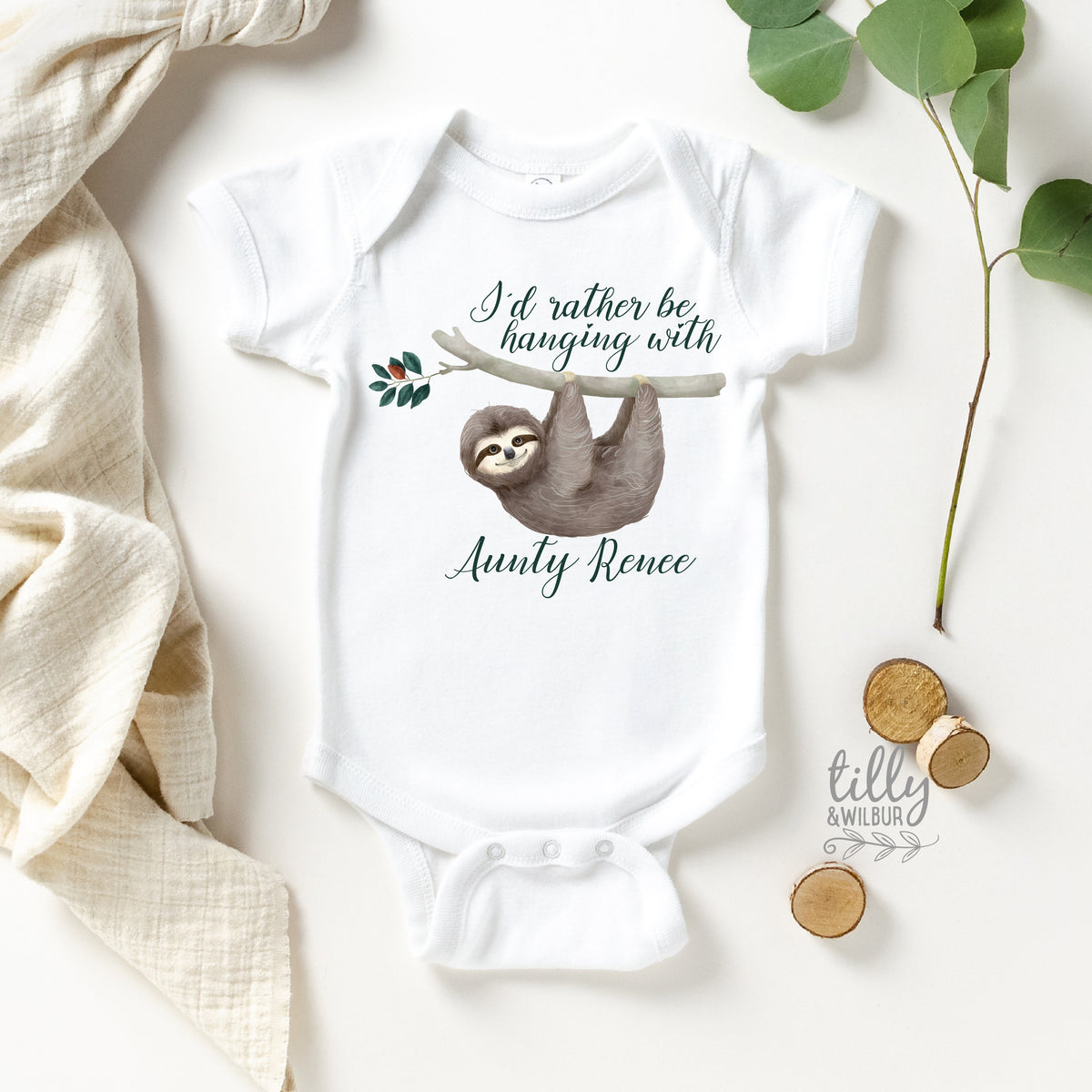 I&amp;#39;d Rather Be Hanging With Aunty Personalised Sloth Baby Bodysuit, New Baby Gift, Newborn Baby Gift, Baby Shower Gift, Niece Or Nephew Gift