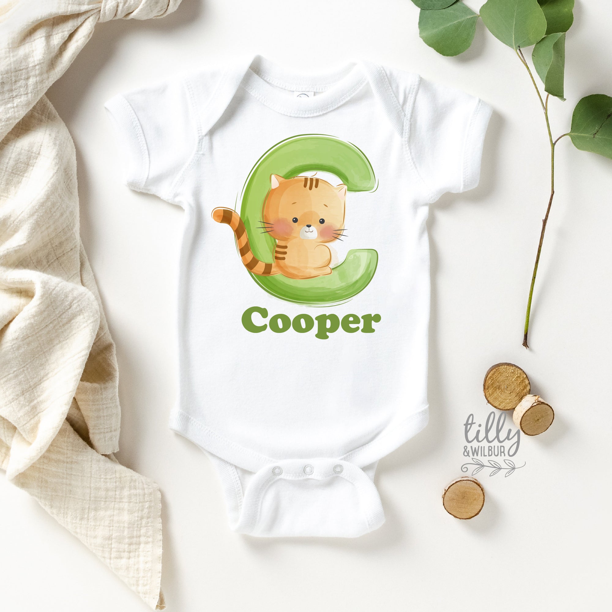 C Is For Cat Personalised Bodysuit For Boys, Personalised Newborn Gift For Baby Boy, Personalised New Baby Gift, New Baby Boy Gift