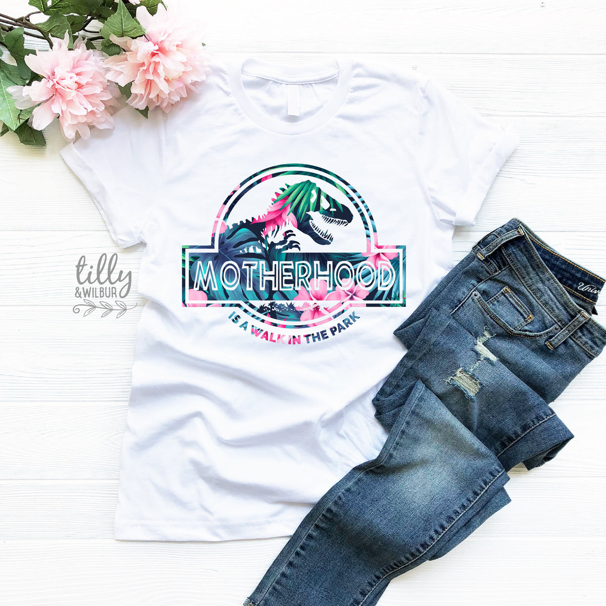 Motherhood Is A Walk In The Park Women&amp;#39;s T-Shirt, Funny Mum Tee, Dinosaur Mum Shirt, Mother&amp;#39;s Day Gift, Jurassic Park Mum Gift, Mamasaurus