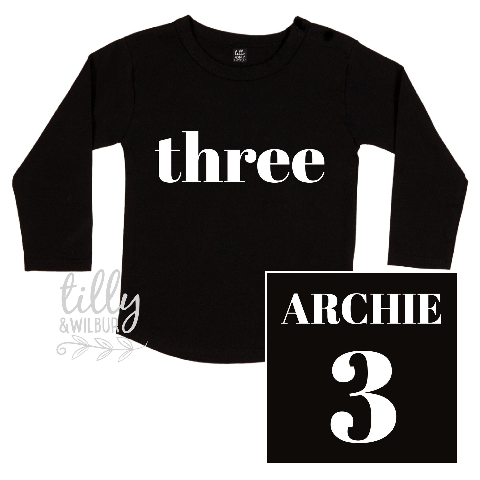 Three Personalised Boys 3rd Birthday T-Shirt, 3rd Birthday Gift, 3 Today Birthday Tee, Long Sleeve Birthday T-Shirt, Cake Smash Outfit Shirt