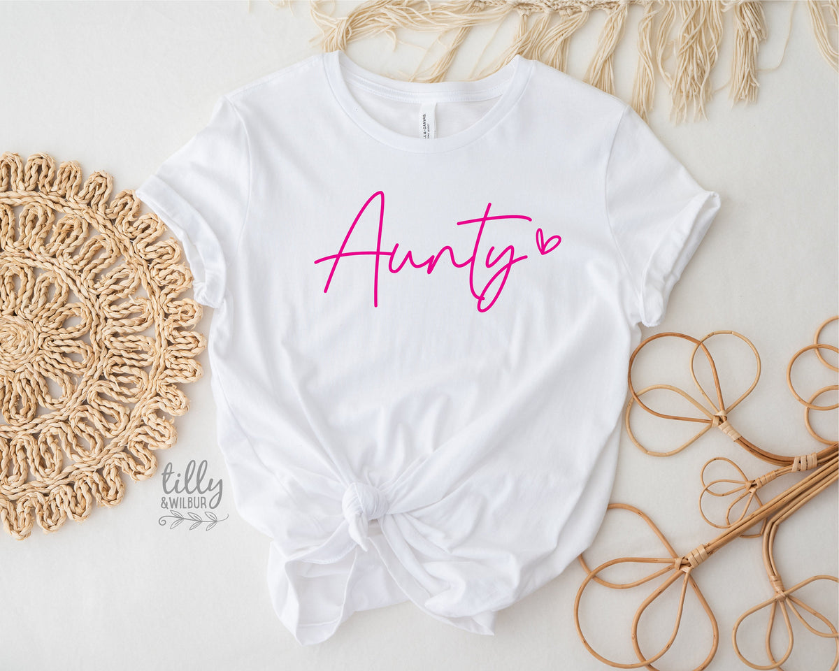 Aunty T-Shirt, Pregnancy Announcement T-Shirt, I&#39;m Going To Be An Aunty, Baby Shower Gift, Aunty, Auntie, Sister Gift, White With Pink