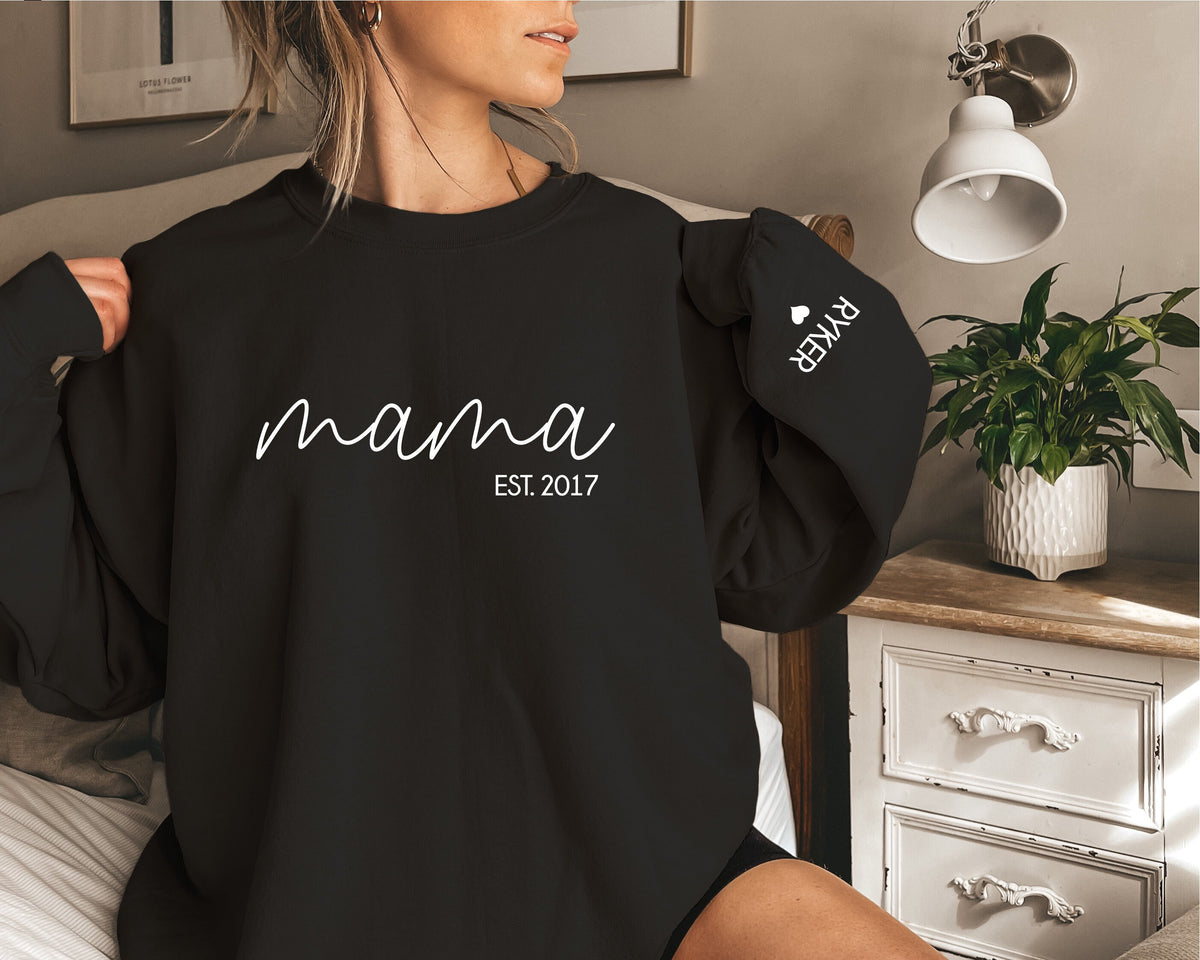 Mama Sweatshirt With Date And Name On Sleeve, Mama Est Sweatshirt, Mothers Day Gift, Personalised Mum Gift, Mum Life Jumper, New Mum Gift