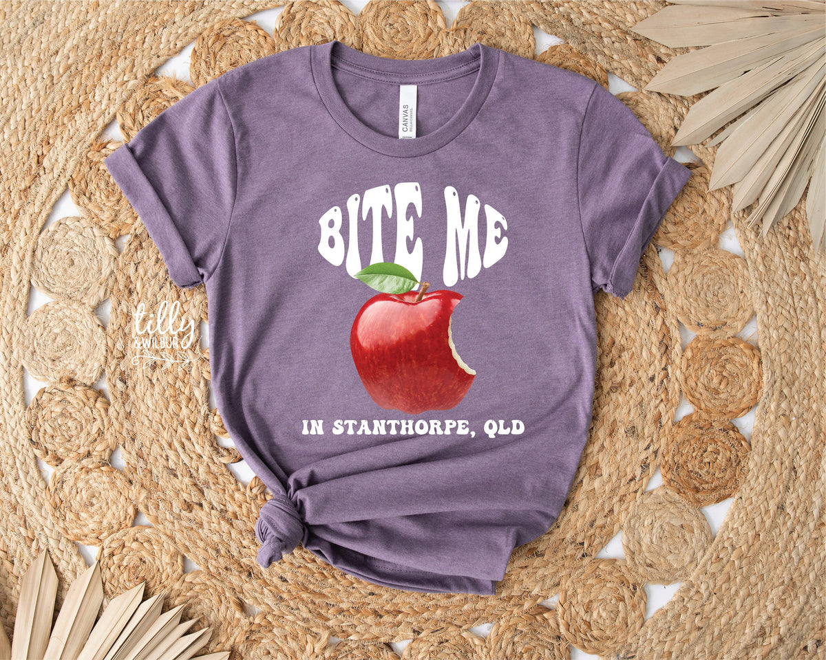 Bite Me in Stanthorpe, QLD Australia T-Shirt, Stanthorpe Apples, Stanthorpe T-Shirt, Stanthorpe Women&#39;s Tee, Australian T-shirt, Fun Fruit