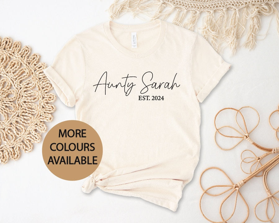 Aunty T-Shirt With Personalised Name and Date, Aunty Est T-Shirt, Pregnancy Announcement T-Shirt, I&#39;m Going To Be An Aunty, Baby Shower Gift